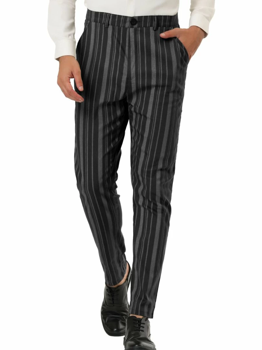 Men's Slim Fit Striped Dress Pants for Business - Flat Front Contrast Color Trousers