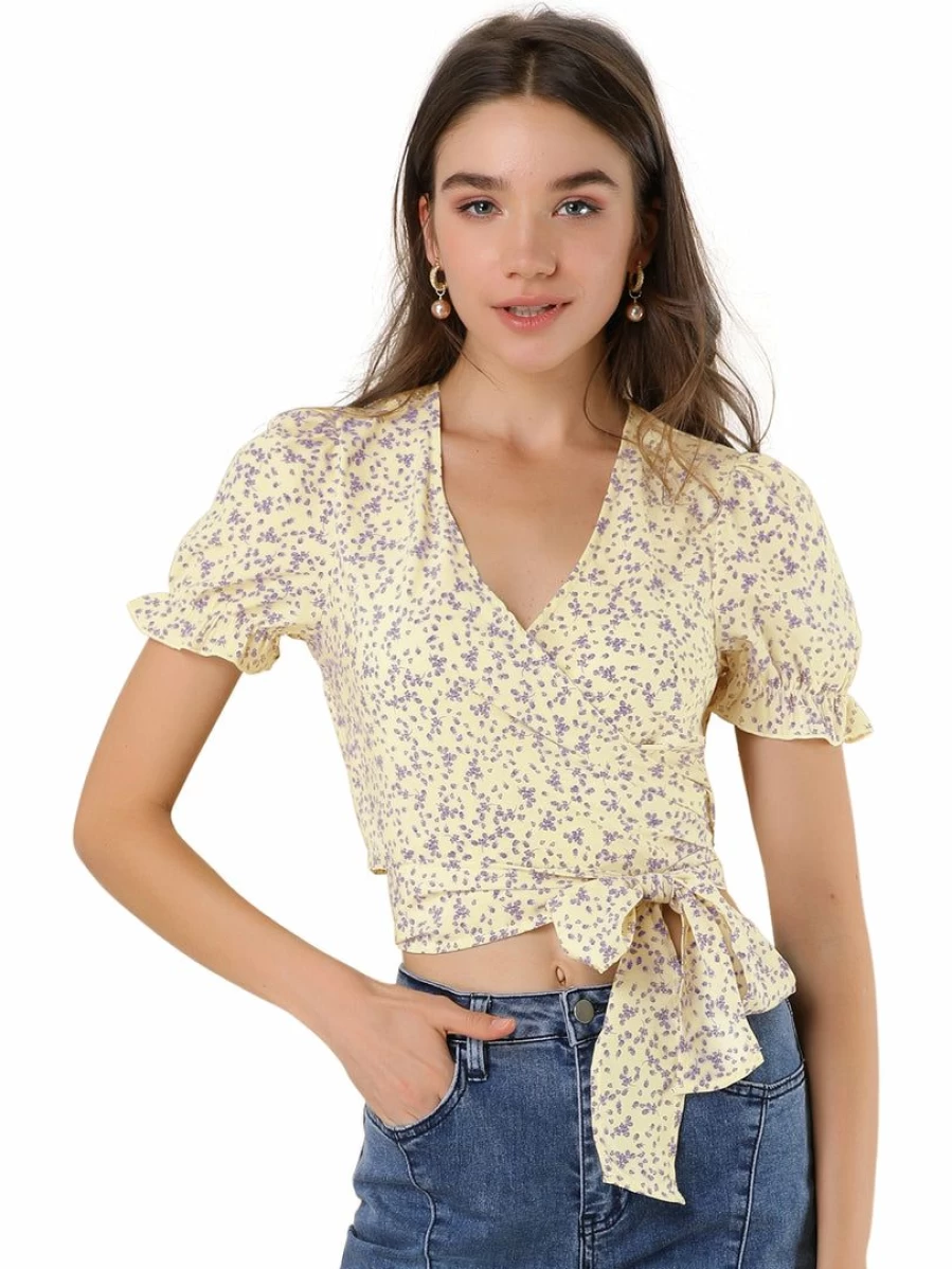 Women's Beige Floral Wrap Crop Top with V-Neck, Bubble Sleeves, and Cross Front Tie Detail