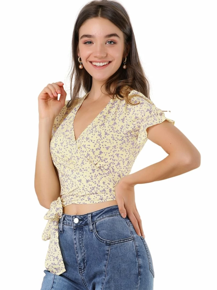 Women's Beige Floral Wrap Crop Top with V-Neck, Bubble Sleeves, and Cross Front Tie Detail