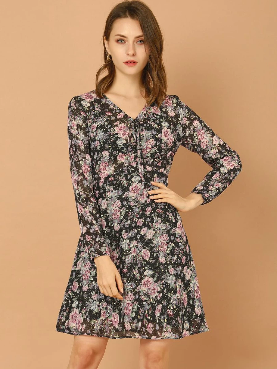 Allegra K Women's Black Vintage Floral Dress with Tie Neck and Long Sleeves
