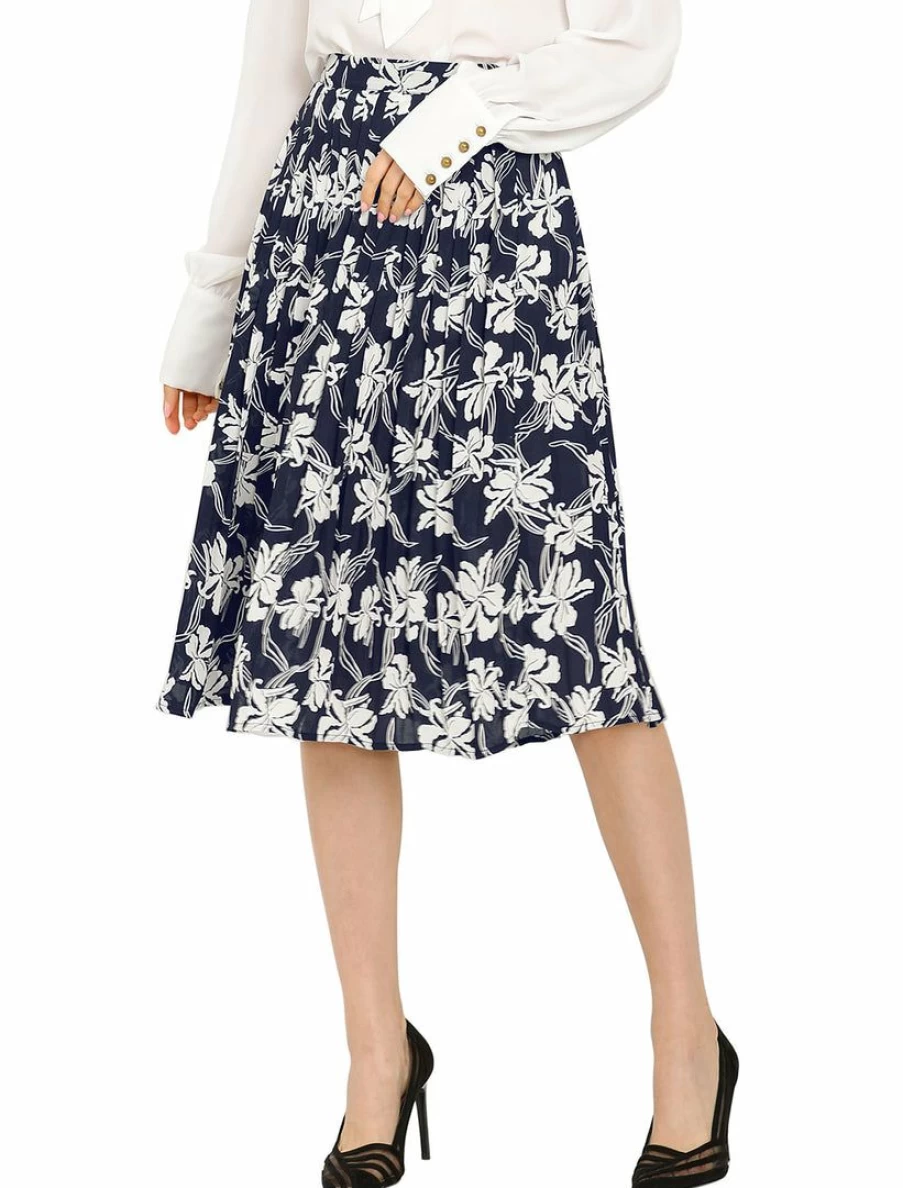 Navy Blue Floral Print Pleated Midi Skirt with Elastic Waist for Women Office Wear