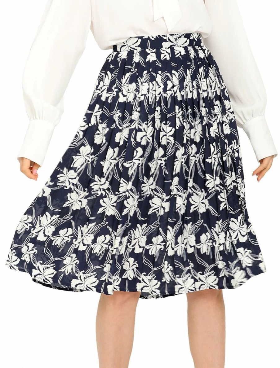 Navy Blue Floral Print Pleated Midi Skirt with Elastic Waist for Women Office Wear