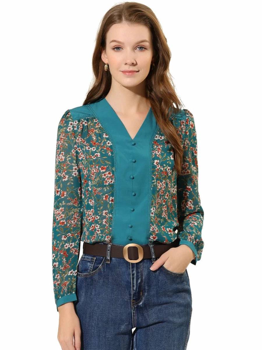 Allegra K Women's Blue Floral Blouse V-Neck Long Sleeve Puff Sleeve Button Detail Office Top