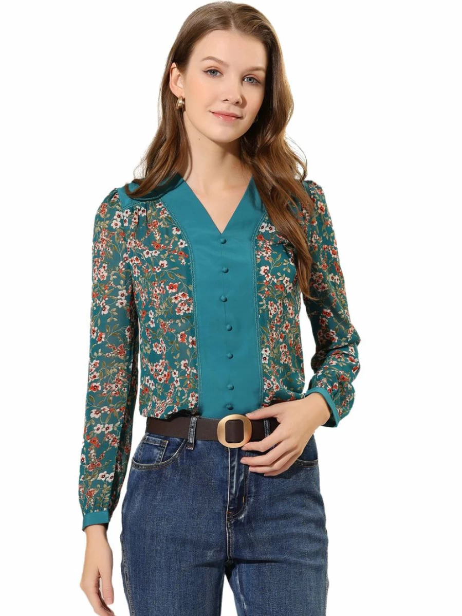Allegra K Women's Blue Floral Blouse V-Neck Long Sleeve Puff Sleeve Button Detail Office Top