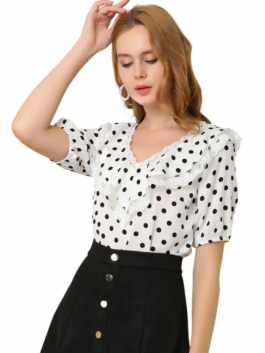 Vintage White Lace Ruffle Neck Polka Dot Blouse for Women Short Sleeve Top