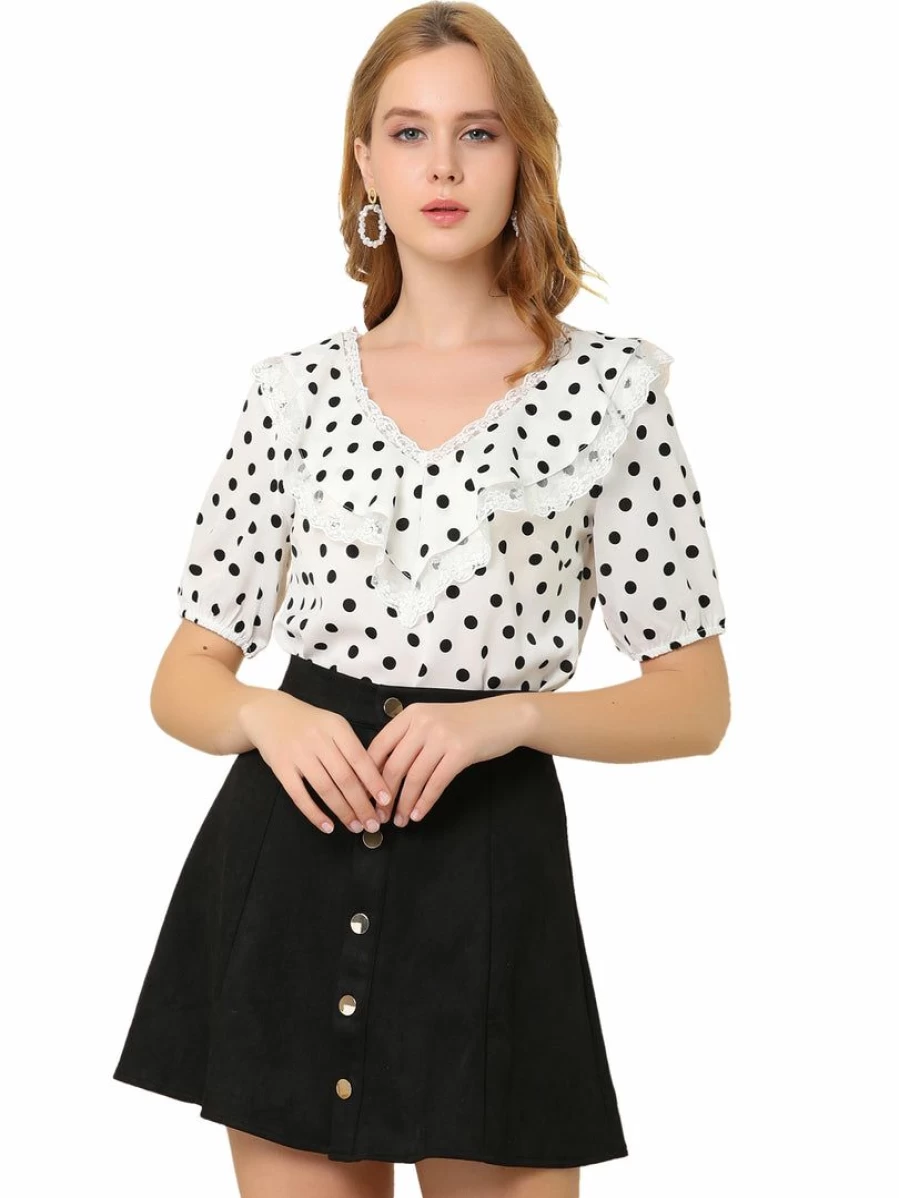 Vintage White Lace Ruffle Neck Polka Dot Blouse for Women Short Sleeve Top