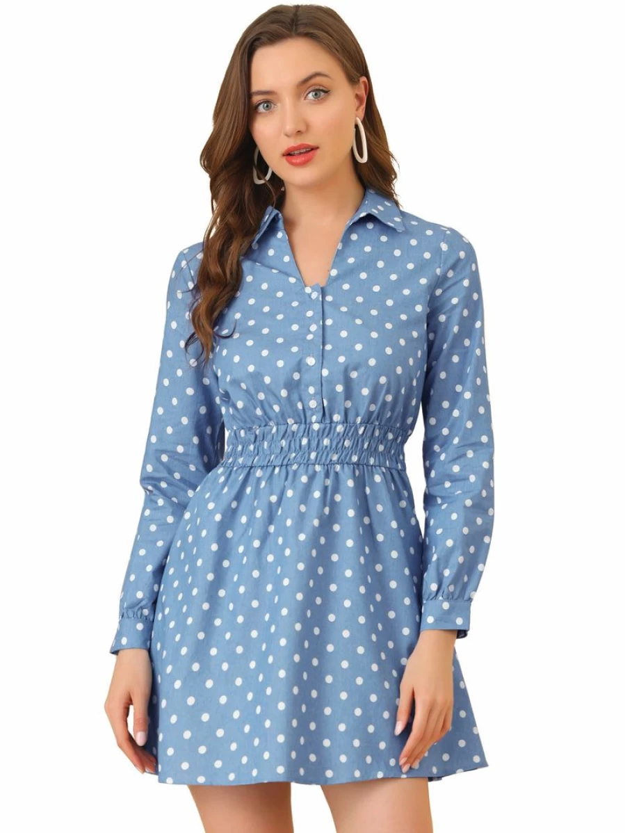Blue Polka Dot Vintage Shirt Dress for Women - A-Line Cinched Waist Stylish Shirtdress