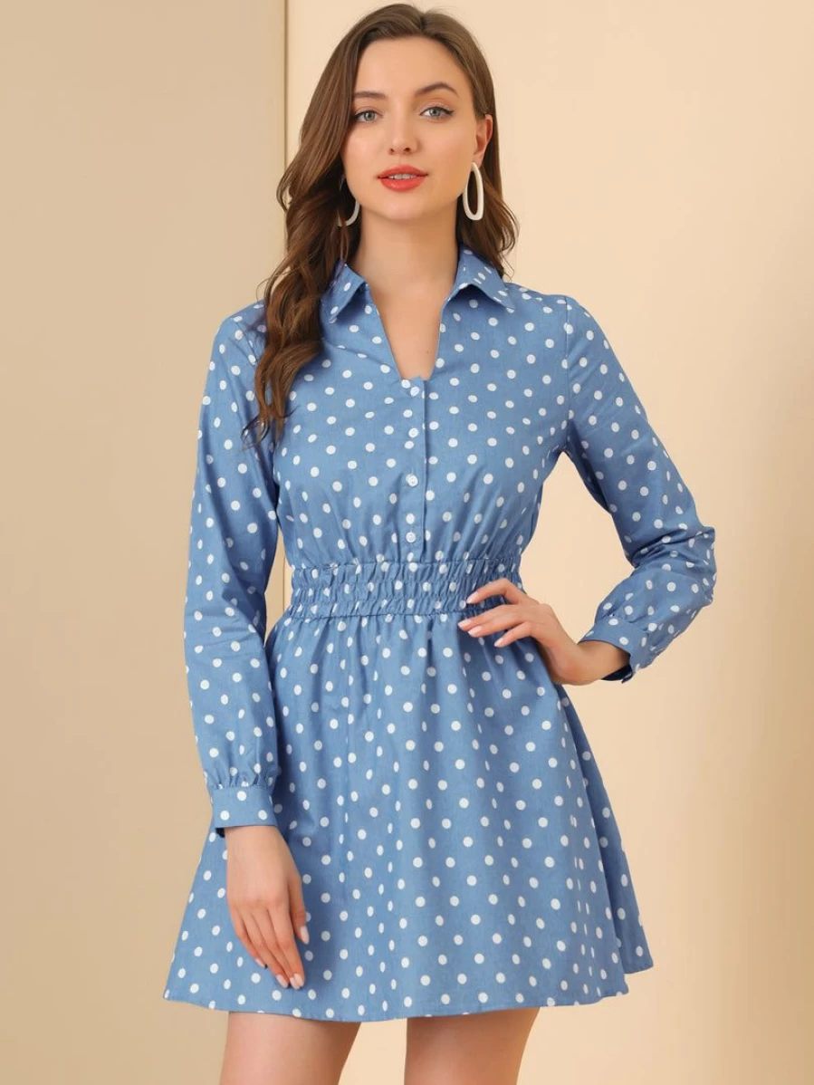 Blue Polka Dot Vintage Shirt Dress for Women - A-Line Cinched Waist Stylish Shirtdress