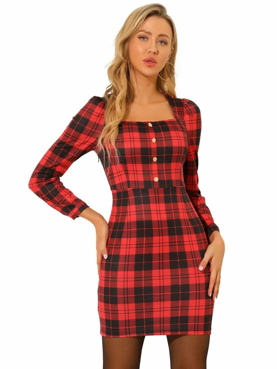 Red Vintage Plaid Mini Dress for Women - Square Neck & Puff Sleeve Bodycon Style