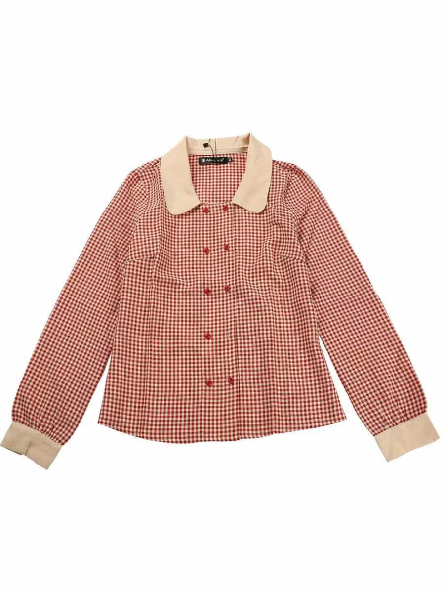 Women's Gingham Long Sleeve Blouse with Peter Pan Collar & Button Front