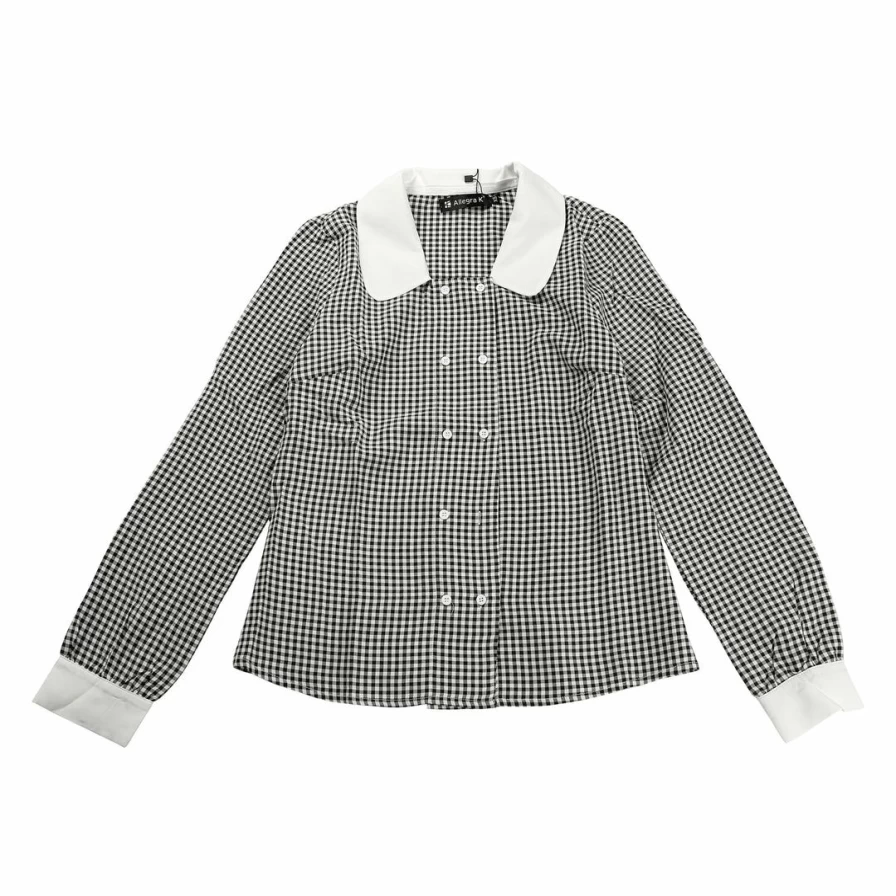 Women's Gingham Long Sleeve Blouse with Peter Pan Collar & Button Front