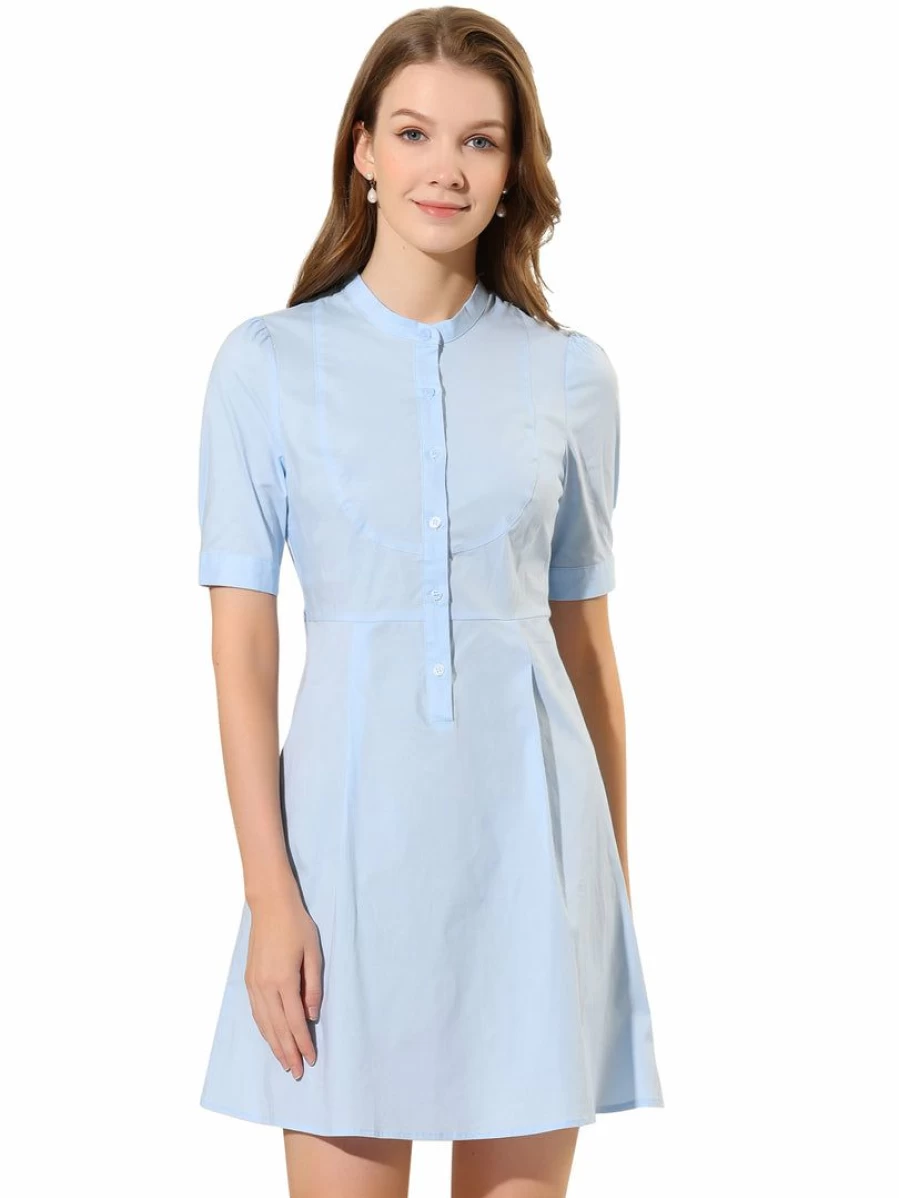 Light Blue Women's A-Line Stand Collar Half Placket Belted Shirt Dress