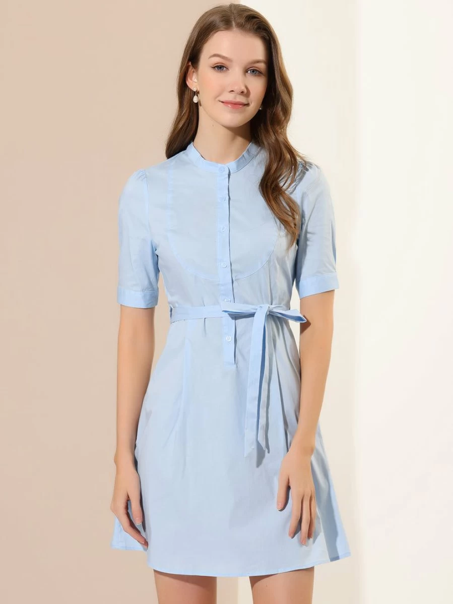 Light Blue Women's A-Line Stand Collar Half Placket Belted Shirt Dress