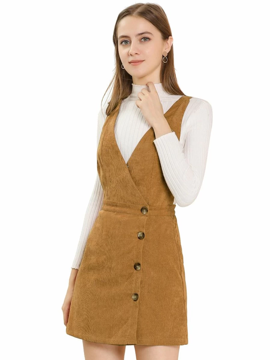 Women's Corduroy Mini A-Line Pinafore Dress with V-Neck and Bib Overall Design