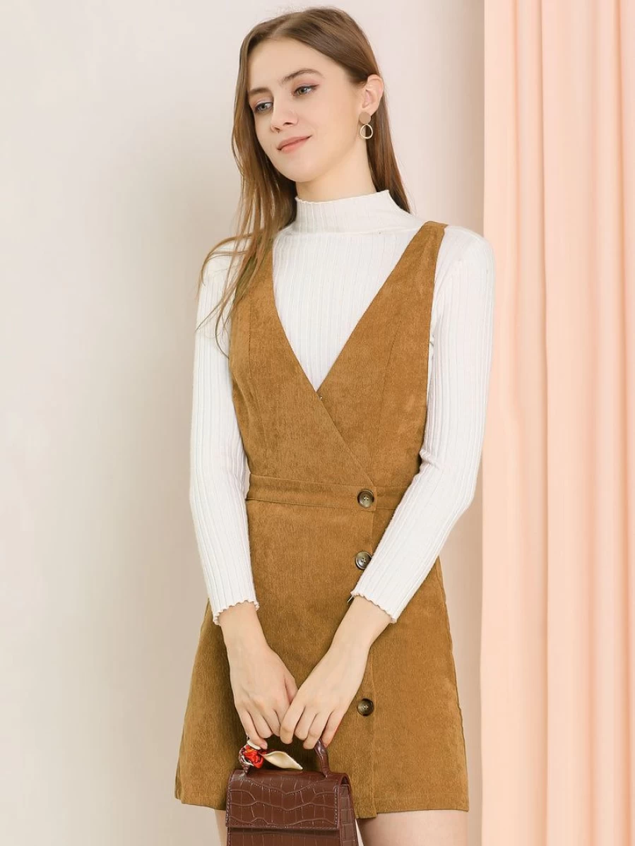 Women's Corduroy Mini A-Line Pinafore Dress with V-Neck and Bib Overall Design