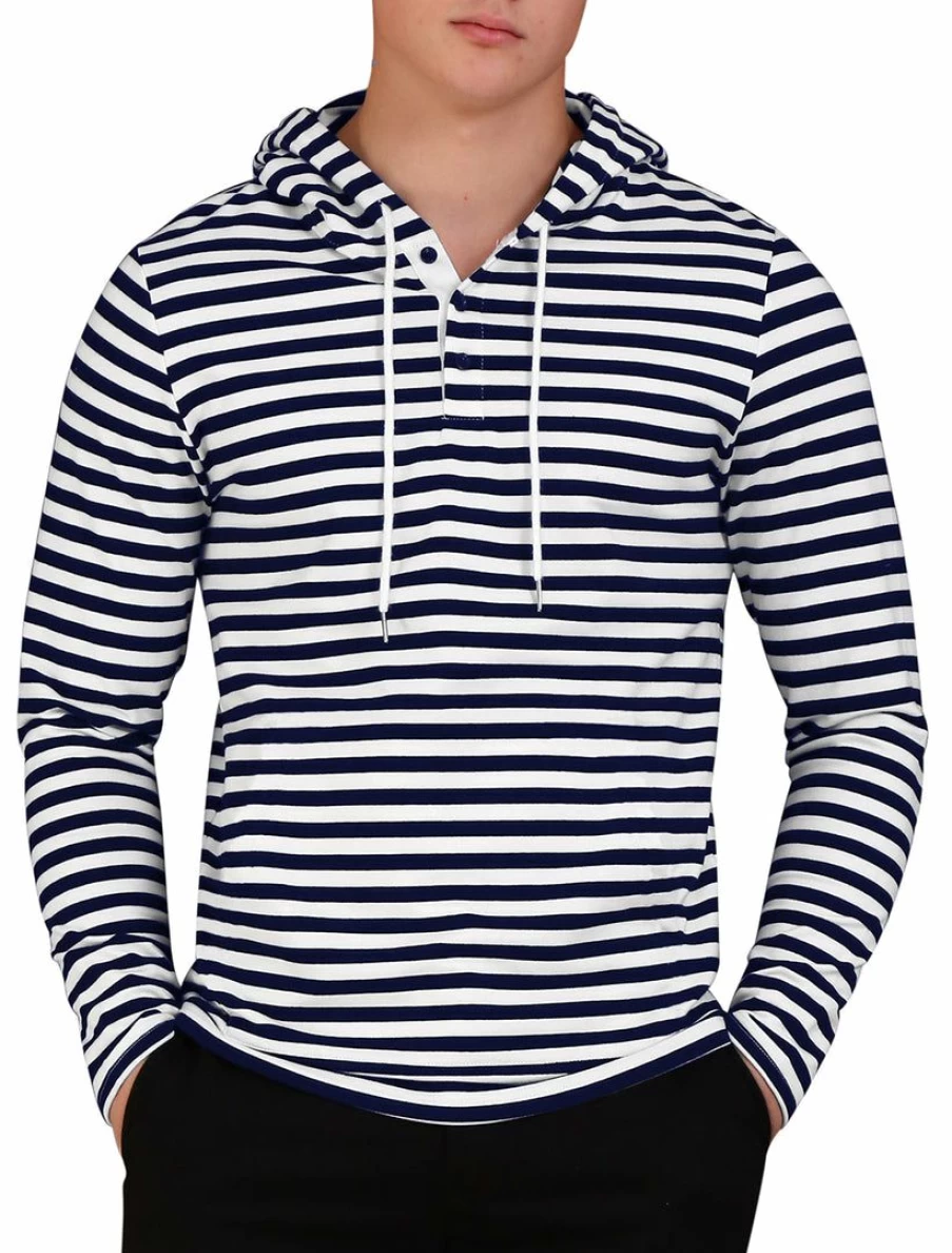 Men's Casual Black & White Striped Knitted Hoodie Sweatshirt Long Sleeve Lightweight Top