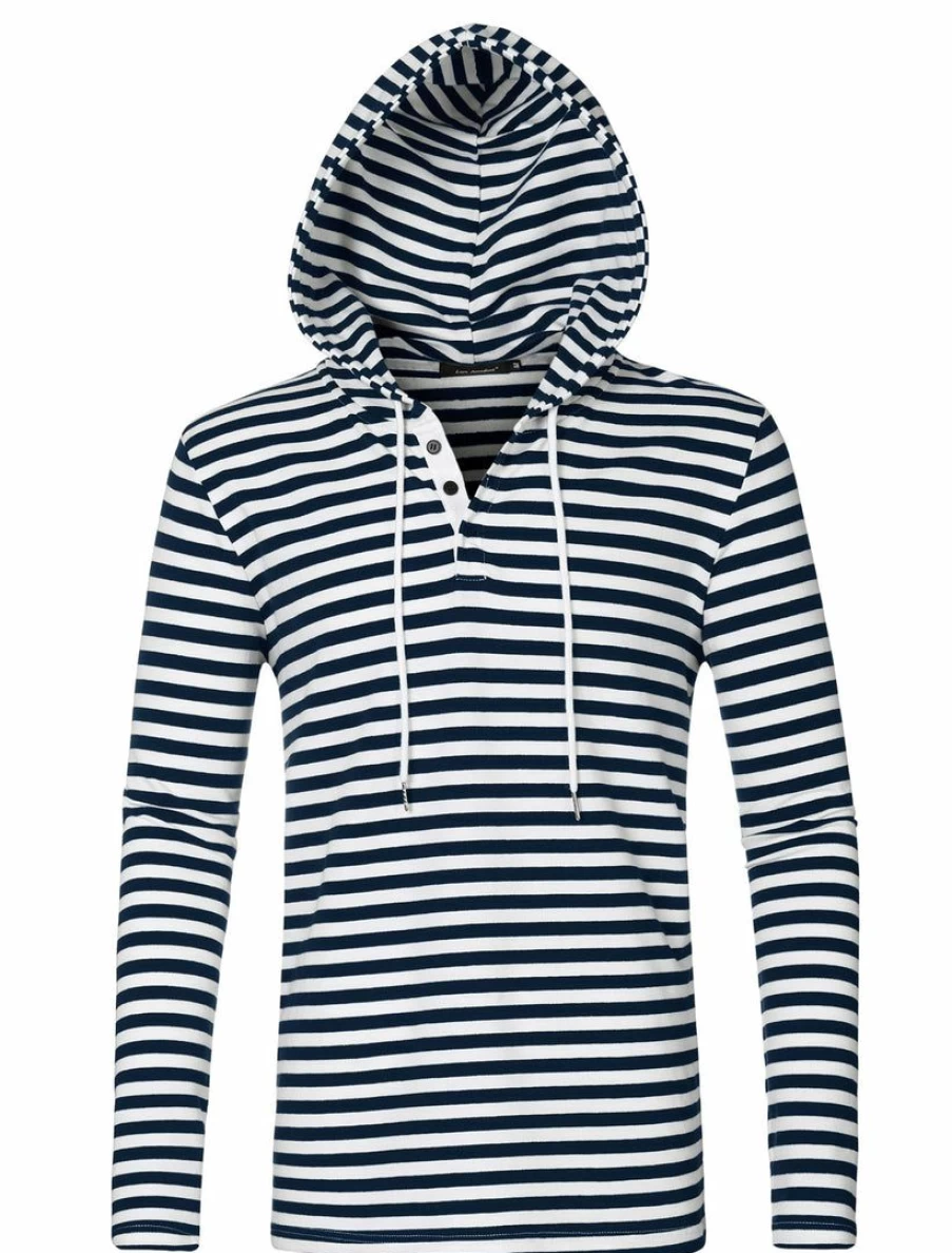 Men's Casual Black & White Striped Knitted Hoodie Sweatshirt Long Sleeve Lightweight Top