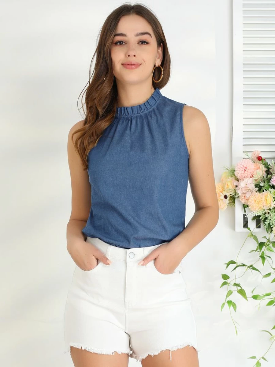 Women's Ruffled Sleeveless Summer Blouse with Frill Trim Mock Neck Casual Top