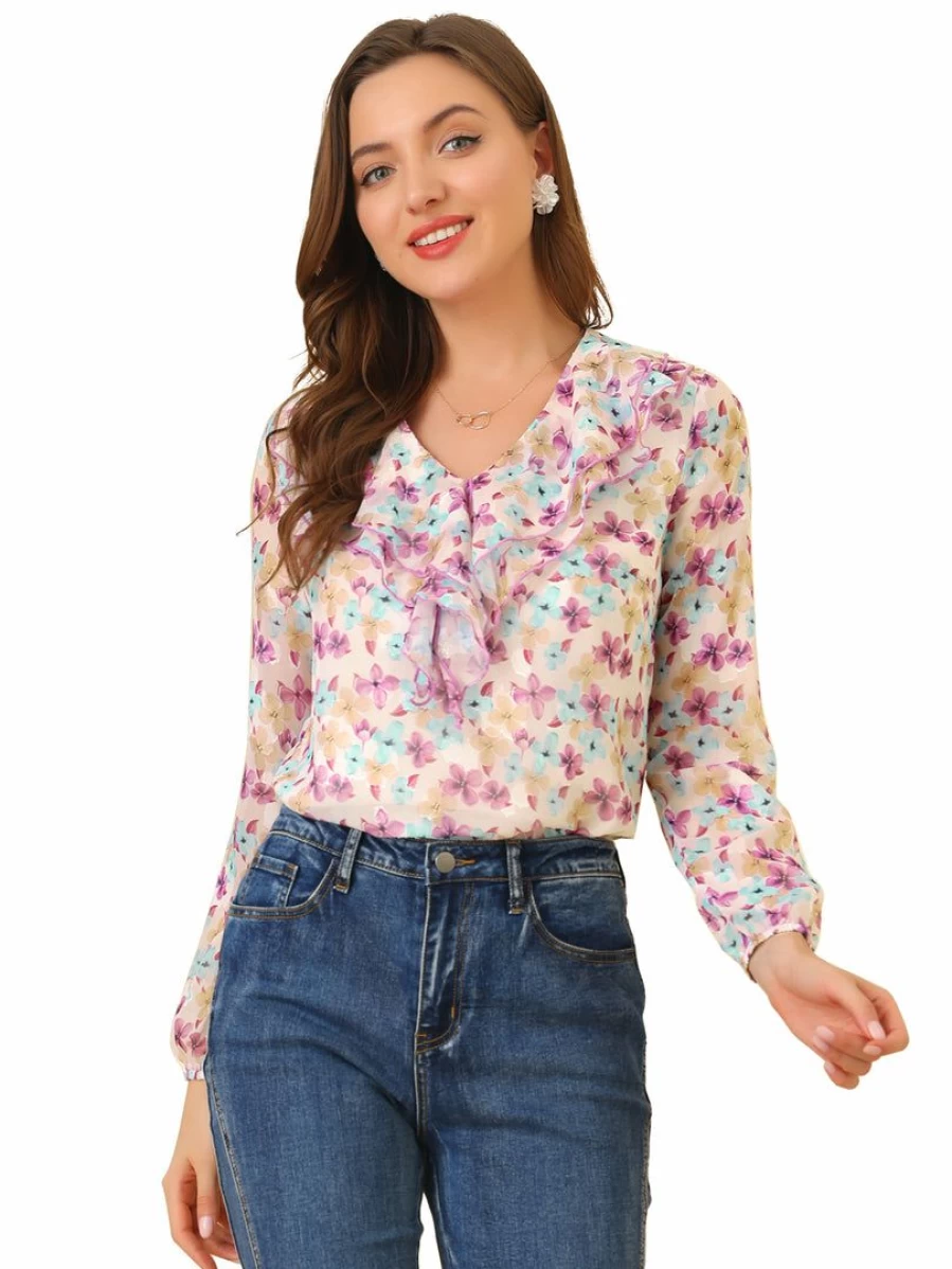 Women's Floral Jacquard Chiffon Blouse with V-Neck and Ruffled Detail in Pink Purple