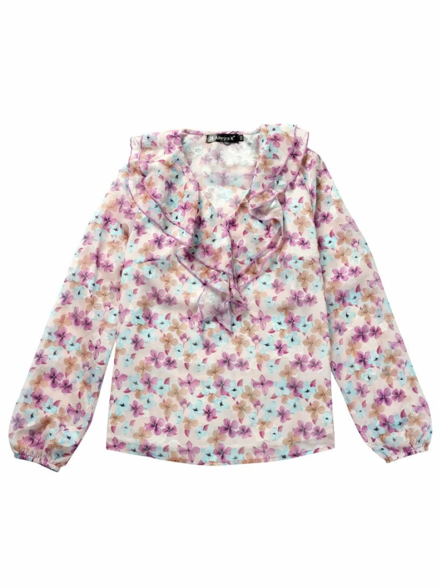 Women's Floral Jacquard Chiffon Blouse with V-Neck and Ruffled Detail in Pink Purple
