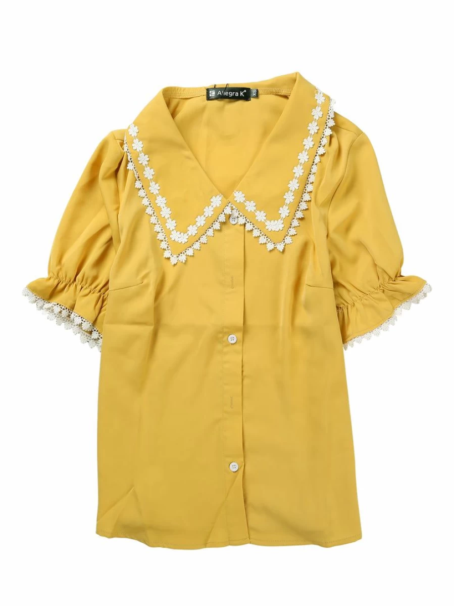 Yellow Women's Sweet Peter Pan Collar Short Sleeve Button-Up Blouse Top