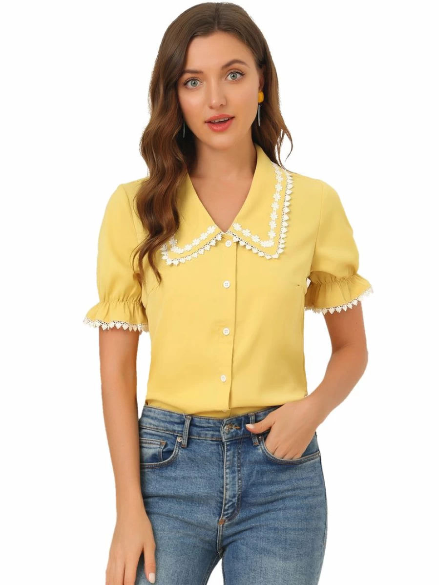 Yellow Women's Sweet Peter Pan Collar Short Sleeve Button-Up Blouse Top