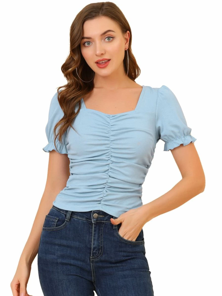 Gray Blue Square Neck Puff Sleeve Glitter Ruched Top for Women Elegant Party Blouse