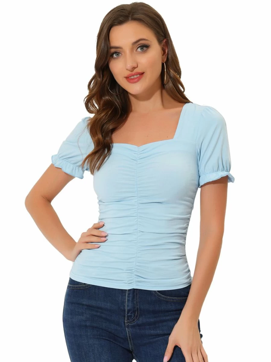 Gray Blue Square Neck Puff Sleeve Glitter Ruched Top for Women Elegant Party Blouse