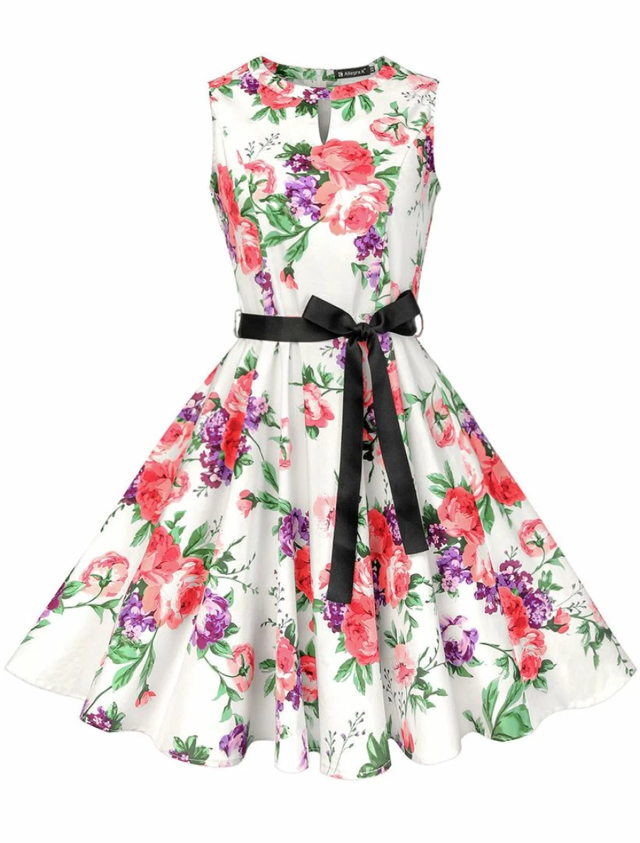 Vintage 1950s White Floral Swing Dress for Women - Sleeveless Cocktail Dress with Keyhole Neckline and Belted Waist