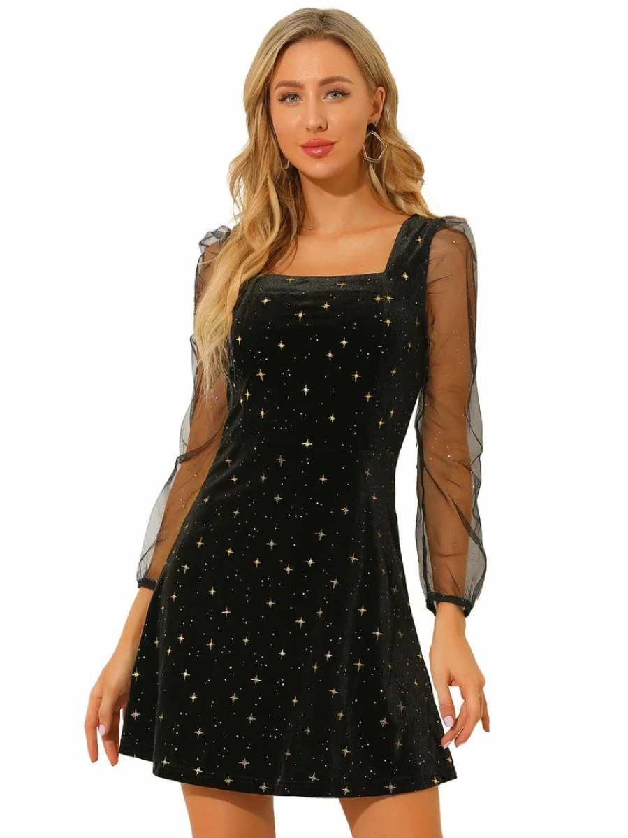 Black Velvet Mini Dress with Sheer Mesh Long Sleeves & Star Details Square Neck Puff Sleeve Short Dress