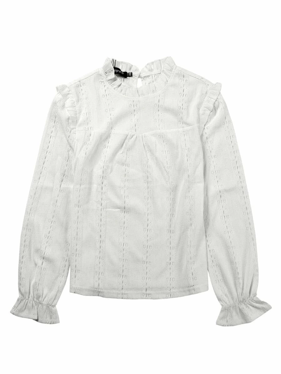 White Women's Puff Long Sleeve Ruffle Neck Blouse with Panel Insert for Work
