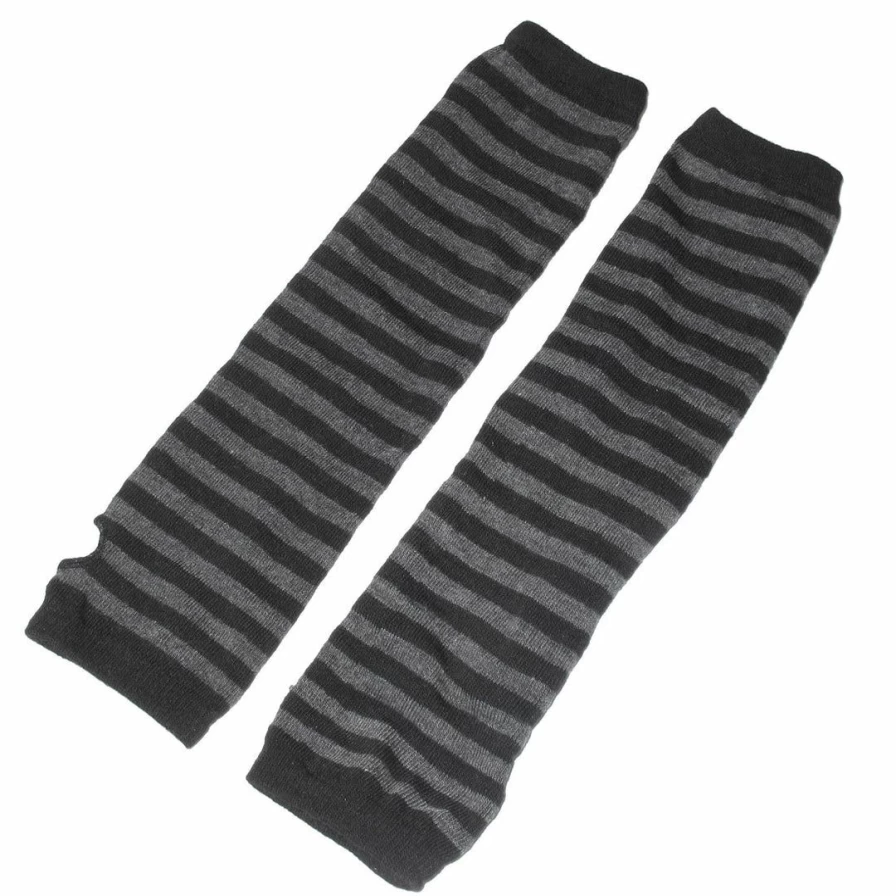 Dark Gray Fingerless Thumbhole Stripes Knitted Arm Warmers for Women