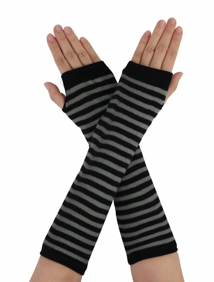 Dark Gray Fingerless Thumbhole Stripes Knitted Arm Warmers for Women