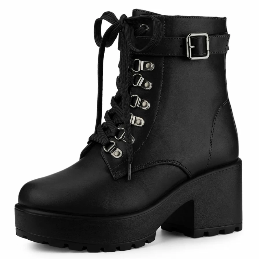 Women's Chunky Heel Platform Ankle Boots with Zip Detail Combat Style Shoes