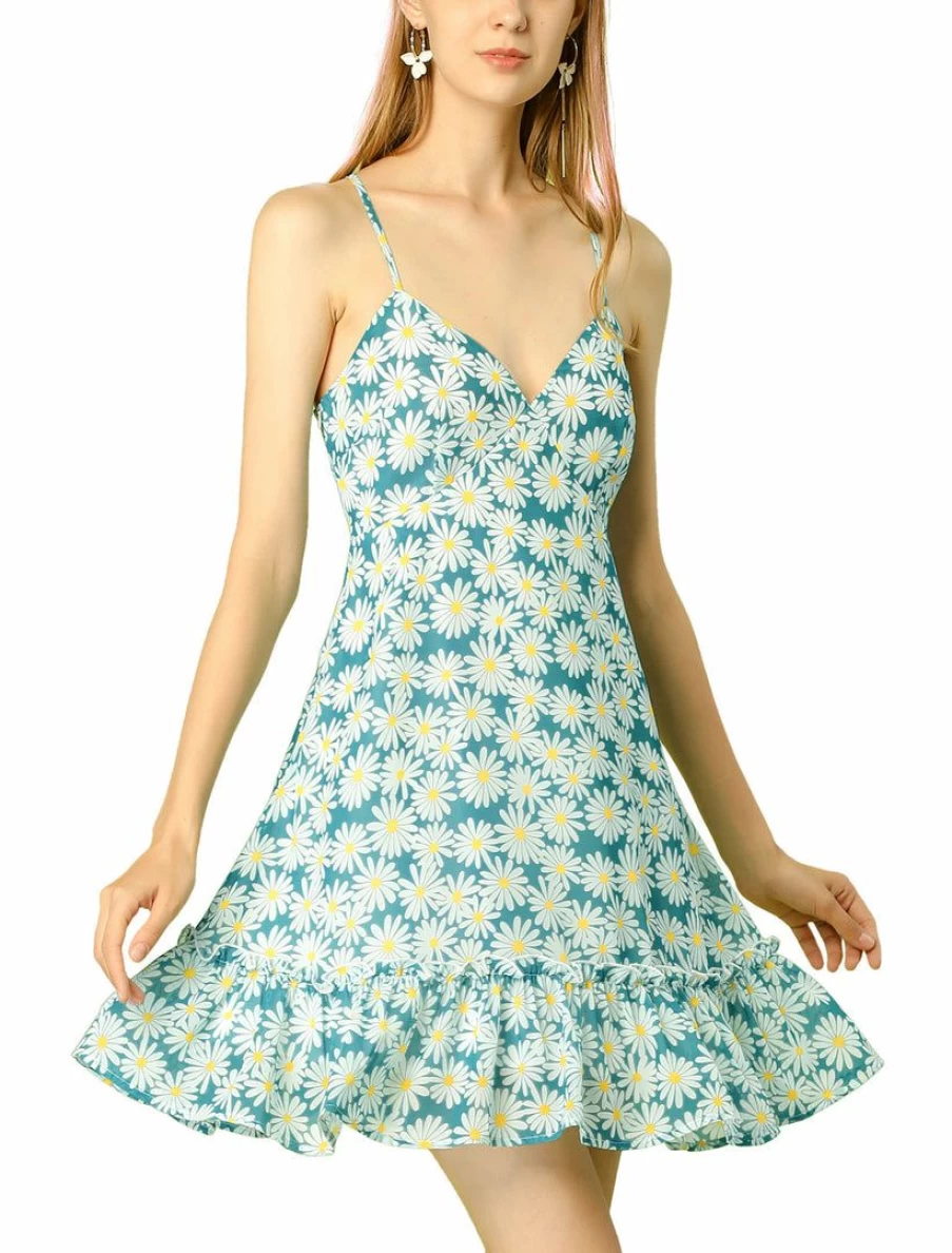 Allegra K Women's Green Floral V-Neck Spaghetti Strap Sundress Sleeveless Summer Dress