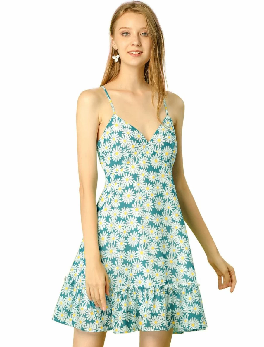 Allegra K Women's Green Floral V-Neck Spaghetti Strap Sundress Sleeveless Summer Dress