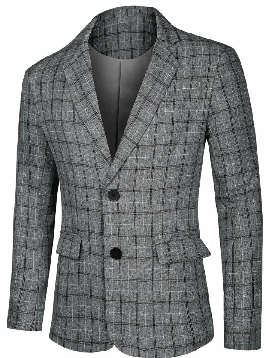 Men's Slim Fit Plaid Blazer Single Button Checked Sport Coat Jacket for Business Casual Wear