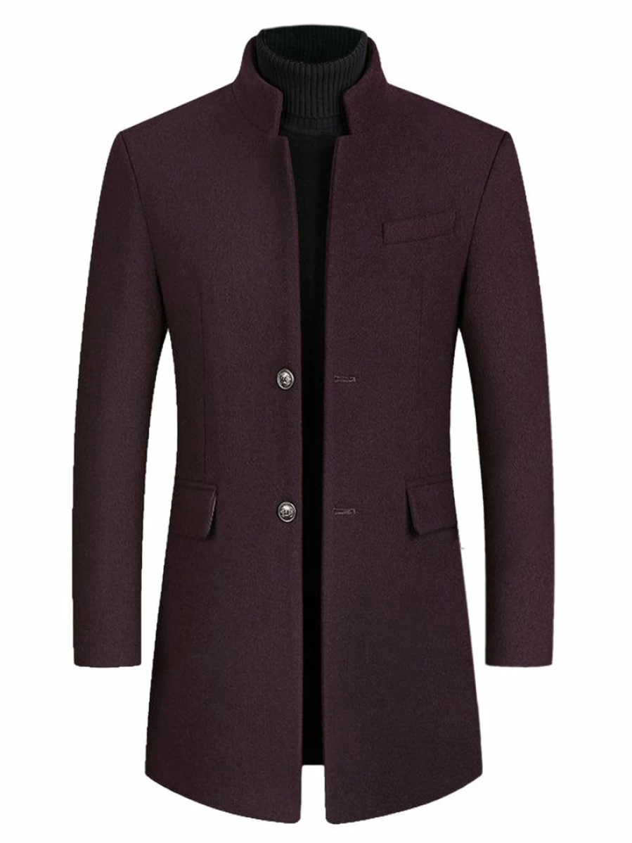 Men's Winter Overcoat Single Breasted Long Jacket with Notch Lapel Two Button Design