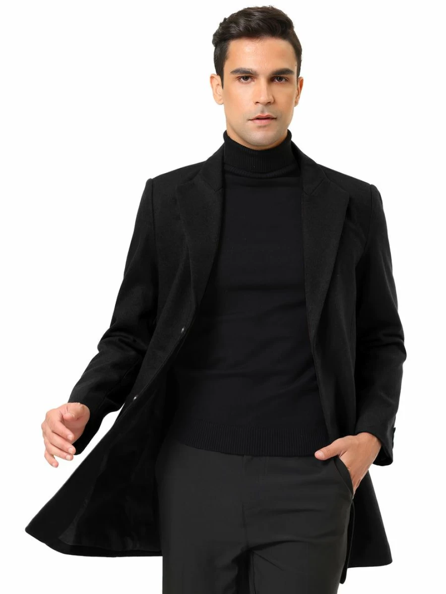 Men's Winter Overcoat Single Breasted Long Jacket with Notch Lapel Two Button Design