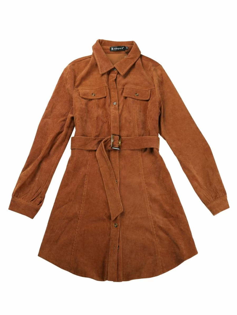 Allegra K Women's Caramel Corduroy Safari Shirt Dress with Point Collar, Long Sleeves, and Belted Waist