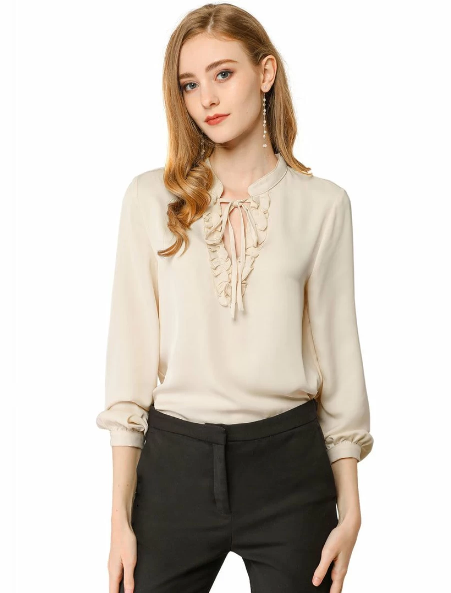 Allegra K Women's Apricot Solid Work Top with Ruffle Decor, Tie Detail, Split V-Neck, and Long Sleeves