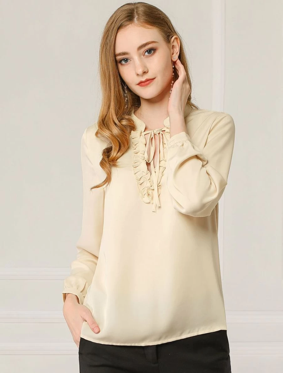 Allegra K Women's Apricot Solid Work Top with Ruffle Decor, Tie Detail, Split V-Neck, and Long Sleeves