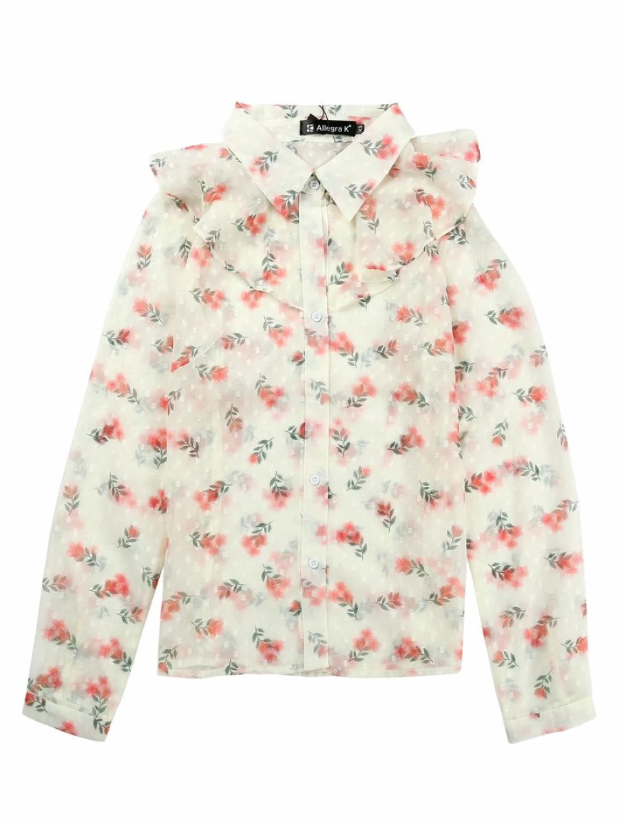 Allegra K Women's Beige Chiffon Floral Blouse with Ruffle Neck and Long Sheer Sleeves