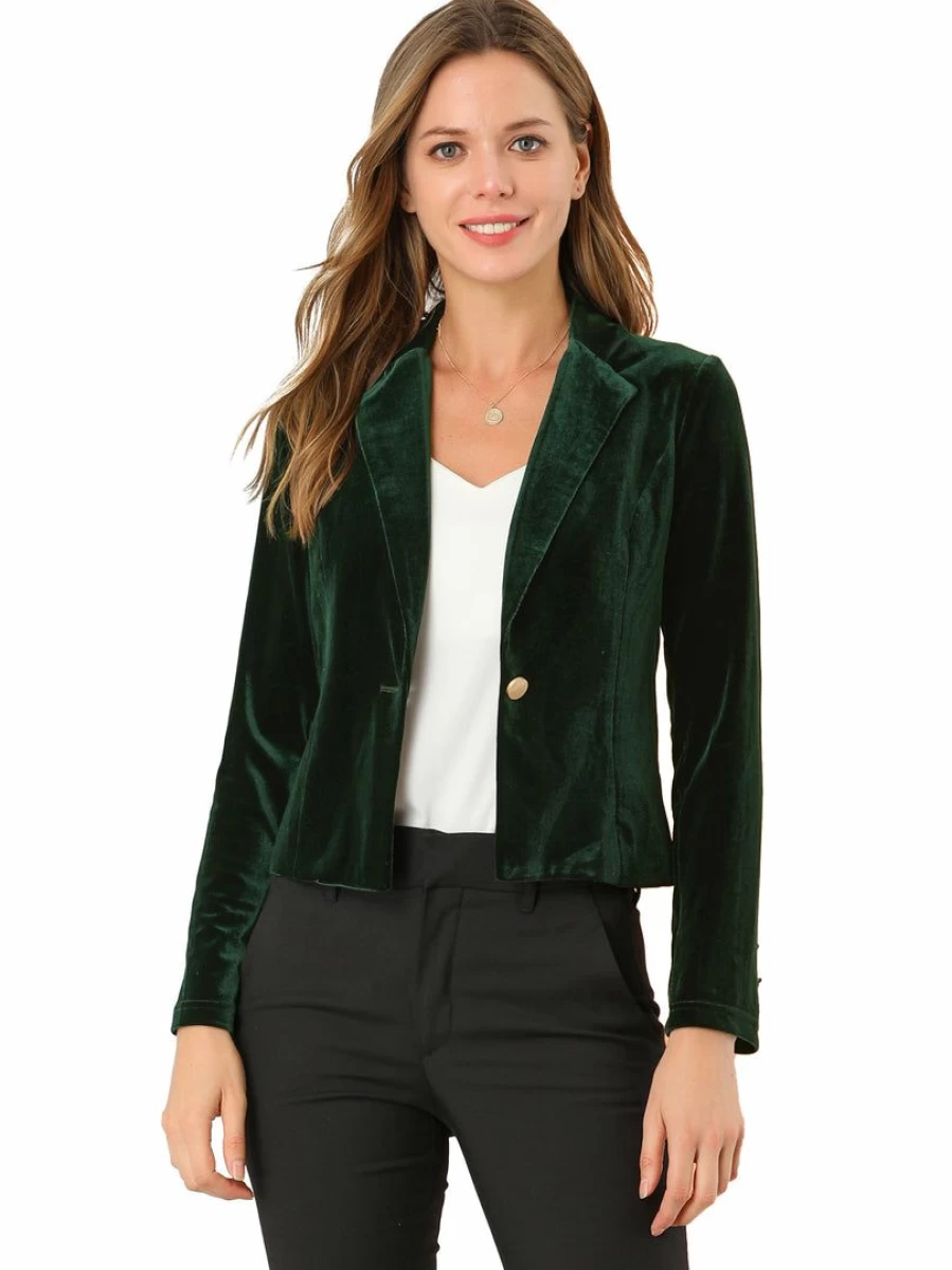 Allegra K Women's Green Velvet Blazer Single Button Lapel Cropped Office Suit Jacket