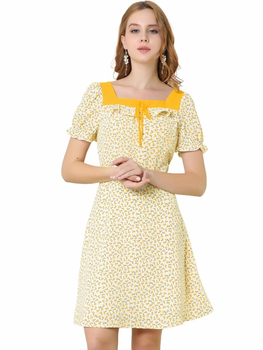 Yellow Floral Summer Dress for Women - Square Neck Short Sleeve A-Line Dress with Self Tie Detail