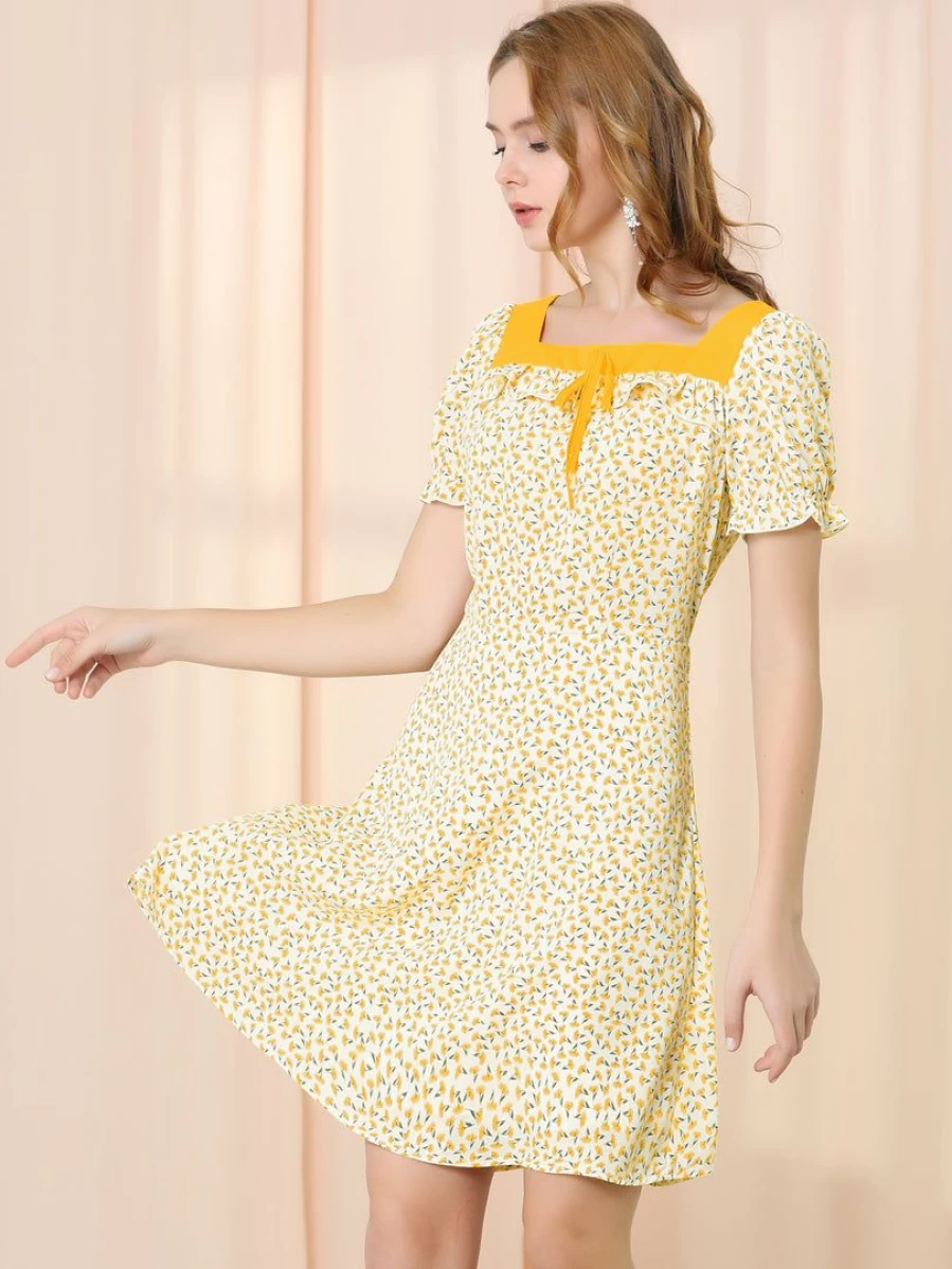 Yellow Floral Summer Dress for Women - Square Neck Short Sleeve A-Line Dress with Self Tie Detail