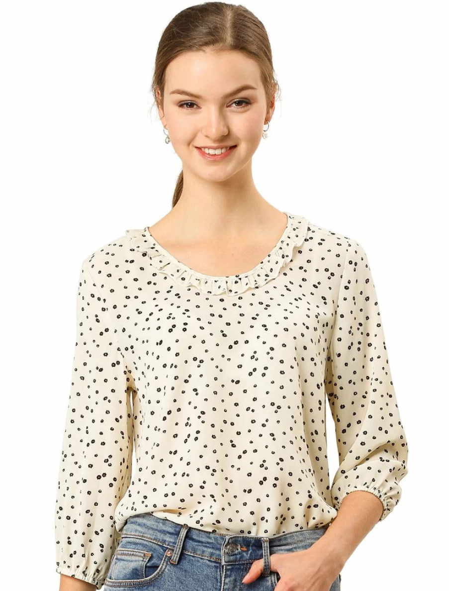 Black Floral Ruffle Blouse for Women - Elegant Round Neck Elastic Top