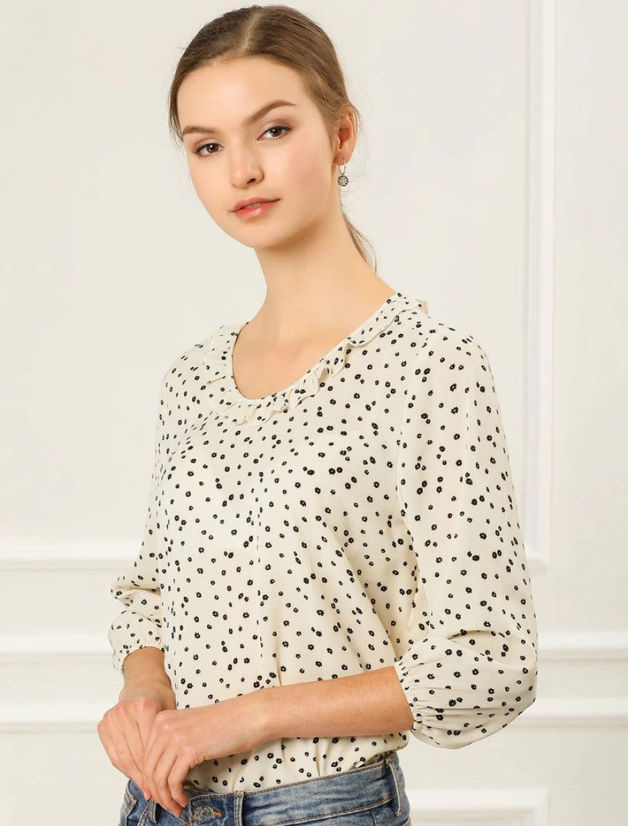 Black Floral Ruffle Blouse for Women - Elegant Round Neck Elastic Top