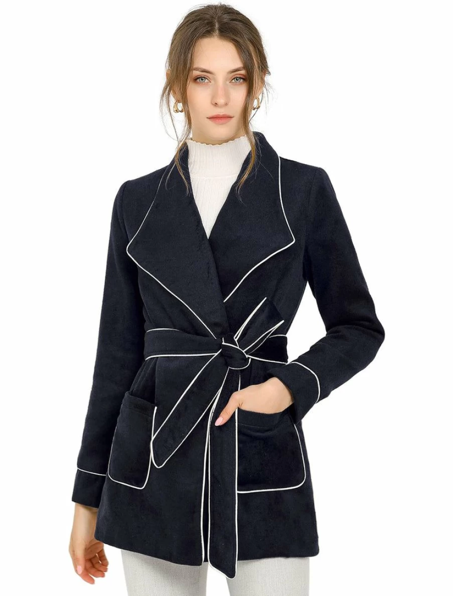 Allegra K Women's Navy Pea Coat with Shawl Collar, Tie Belt, and Wrap Design for Winter