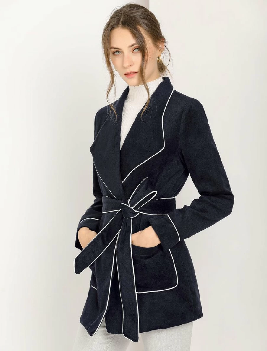 Allegra K Women's Navy Pea Coat with Shawl Collar, Tie Belt, and Wrap Design for Winter